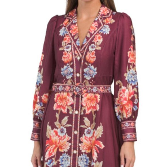 NWT$250 Dalia MacPhee Long Sleeve Maxi Belted Burgundy Floral Shirt Dress LARGE - Picture 4 of 12